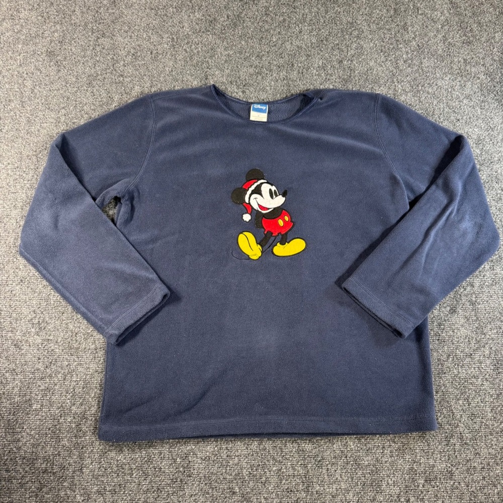 VTG Disney Mickey Mouse Santa Hat Christmas‎ Blue Fleece Pullover Sweatshirt M